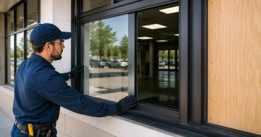 technician boarding a broken window after a break-in in Edgar, Oro-Medonte