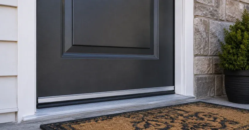technician replacing worn door weatherstripping in Simcoeside, Oro-Medonte home