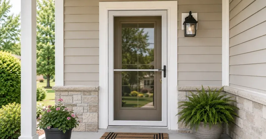 technician hanging storm door square and plumb in Oro-Medonte
