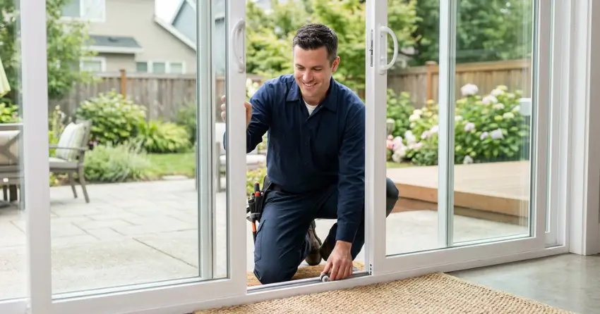 technician diagnosing a sticking patio door in Oro Park, Oro-Medonte