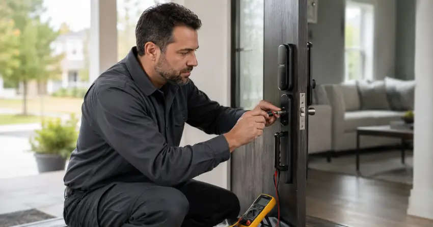 technician diagnosing automatic door lock mechanism on residential door in Simcoeside, Oro-Medonte