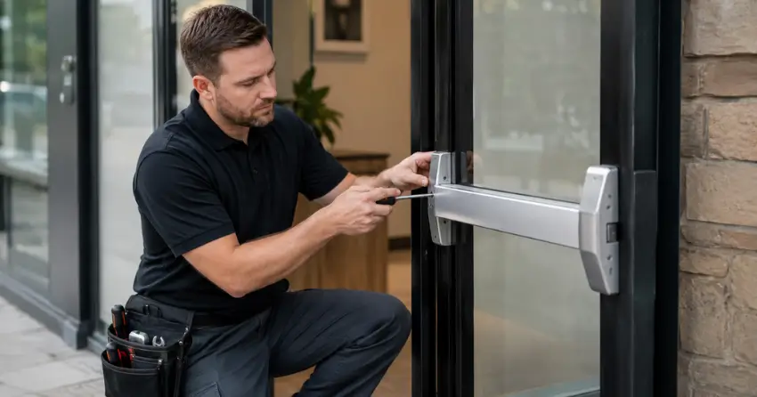 commercial locksmith repairing exit device on storefront door Oro-Medonte