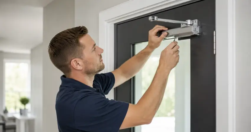 technician adjusting door closer hydraulic valve in Hawkestone, Oro-Medonte home