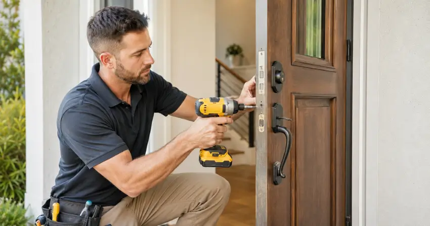 locksmith installing new deadbolt lock on front door in Hawkestone, Oro-Medonte