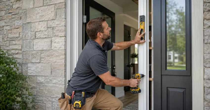 technician installing a new exterior door frame in Mitchell Square, Oro-Medonte