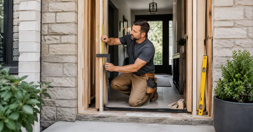 exterior door installer assessing rough opening in Simcoeside, Oro-Medonte