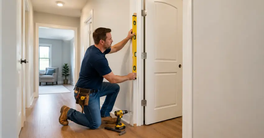 technician installing a pre-hung interior door in a home hallway Mitchell Square, Oro-Medonte