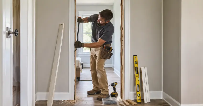 technician removing an old interior door frame during installation Mitchell Square, Oro-Medonte