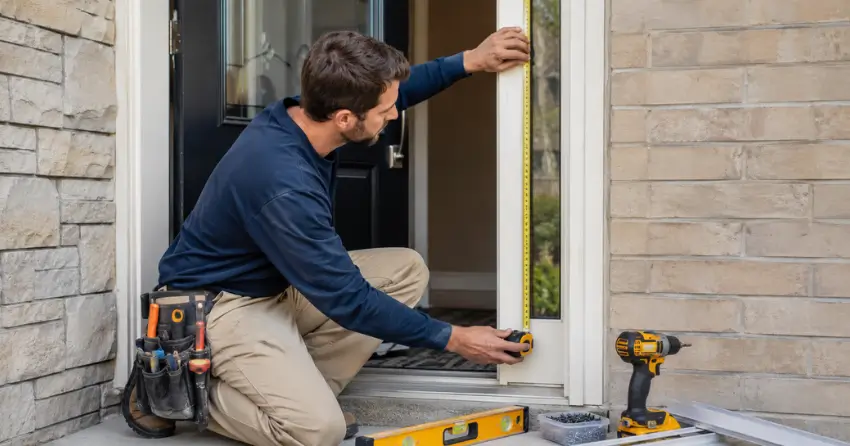 technician measuring door frame before storm door install in Guthrie, Oro-Medonte