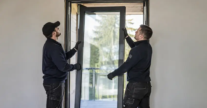 new glass panel being fitted into door frame in Mitchell Square, Oro-Medonte