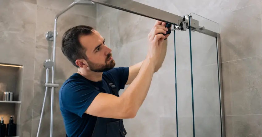 technician adjusting shower door hinge and track in Oro-Medonte