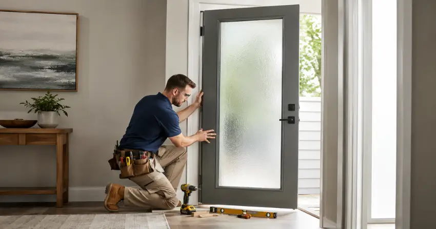 glass panel door installation with frosted privacy glass in residential setting in Warminster, Oro-Medonte