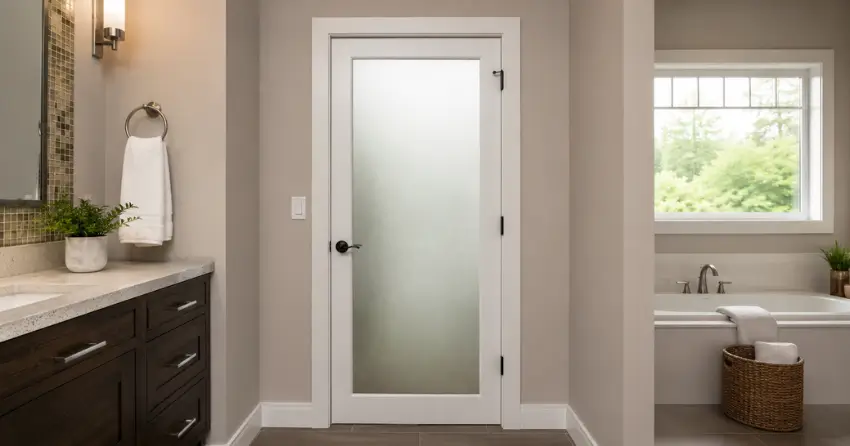 frosted glass panel bathroom door installed in a Palm Beach, Oro-Medonte home