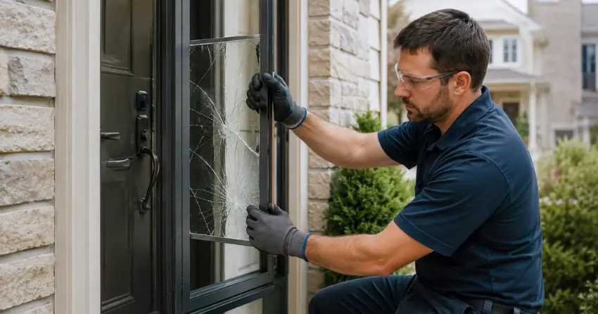 technician removing cracked storm door glass panel in Mitchell Square, Oro-Medonte