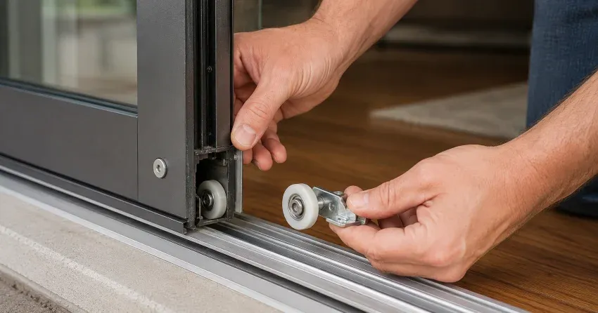 sliding door alignment Braestone, Oro-Medonte technician adjusting roller track