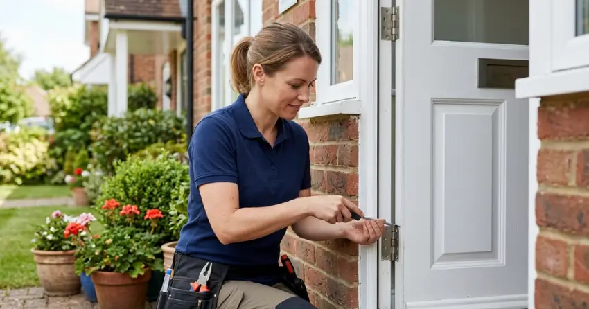 technician repairing exterior door hinge and frame in Oro Park, Oro-Medonte