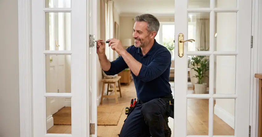 technician adjusting French door hinge for proper alignment in Oro Park, Oro-Medonte