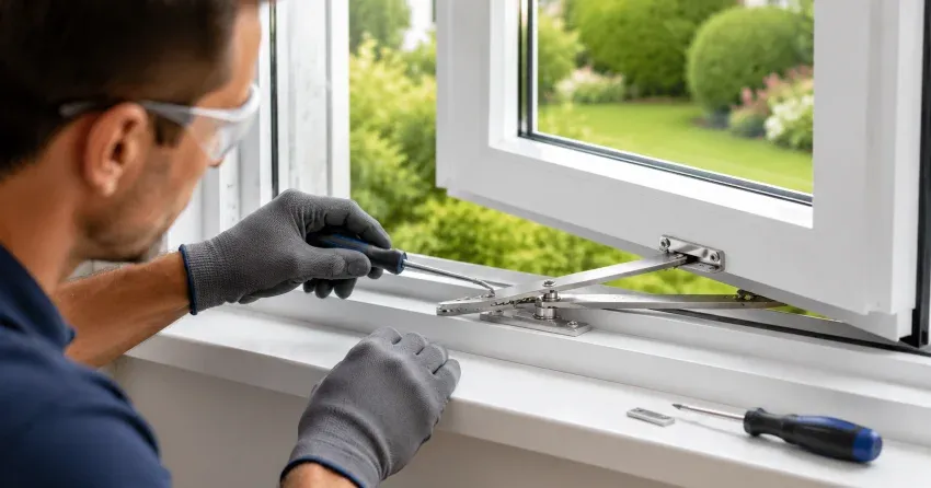 automatic door technician inspecting sensor and control panel in Guthrie, Oro-Medonte