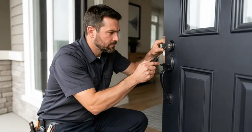 licensed locksmith technician working on residential deadbolt in Oro-Medonte