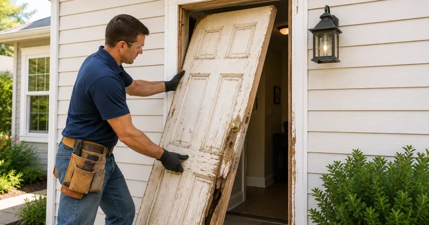 warped exterior door frame showing weather damage in Guthrie, Oro-Medonte