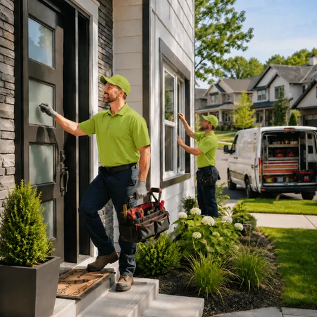 Technicians who live locally working on doors, windows and glazing across the service area