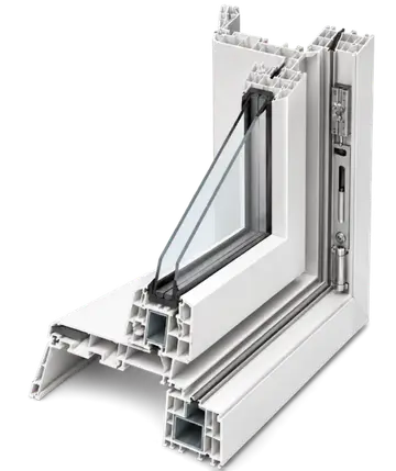 Section through a uPVC window frame showing chambers and reinforcement